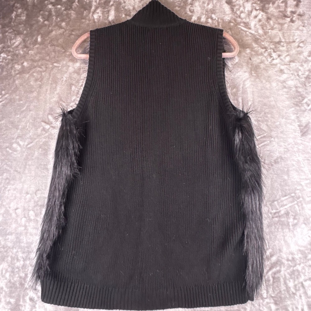 Calvin Klein Faux Fur Vest Womens XL Black Ribbed Knit Gold Buckle Zip (1617) - Picture 6 of 10
